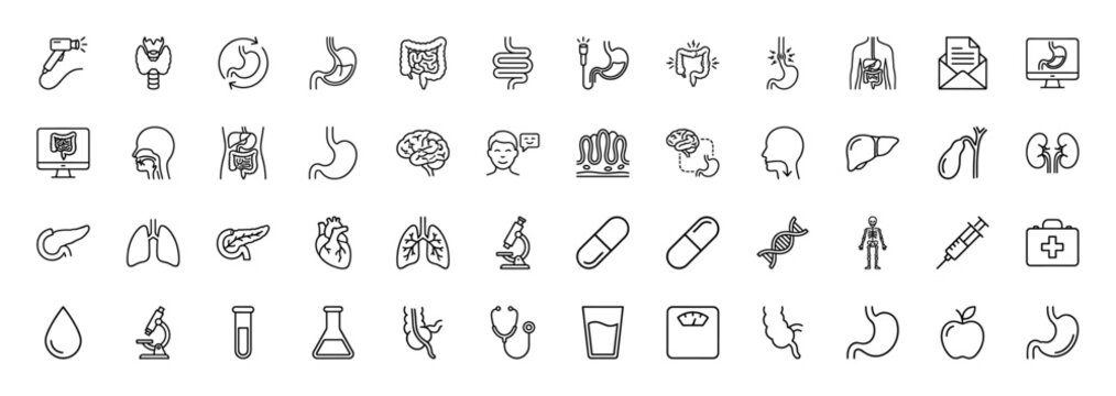 Gastroenterology line icon set. Vector pictograms of stomach, liver, intestines, pancreas, colon, esophagus, endoscope and anatomy, thin outline illustration.