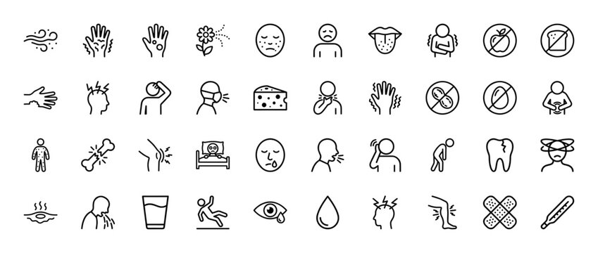 Medical symptoms and allergy line icon set. Vector pictograms of rash, headache, bone fracture, fever, and toothache, thin outline illustration.