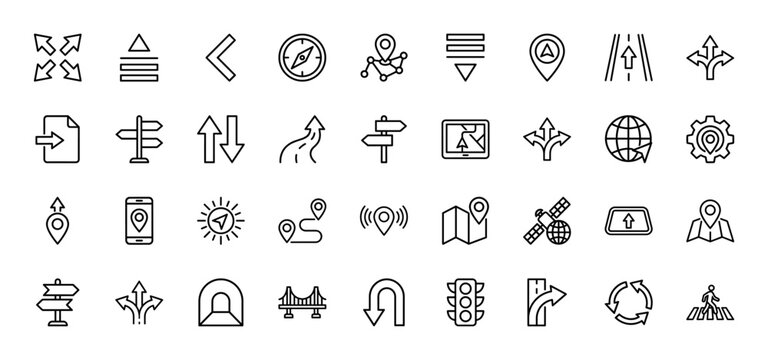 Navigation and direction line icon set. Vector pictograms of map pointer, compass, signpost, road, traffic light, and bridge, thin outline illustration.