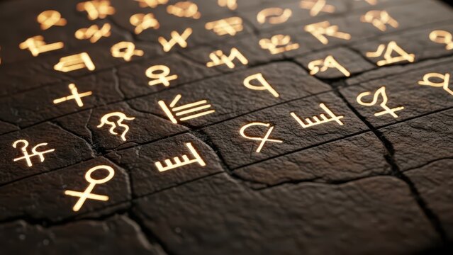 Ancient Runes and Glowing Symbols Carved into Dark Stone Tablet or Codex