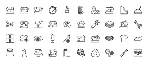 Fototapeta premium Sewing and tailoring line icon set. Vector pictograms of machine, scissors, thimble, mannequin, and thread, thin outline illustration.