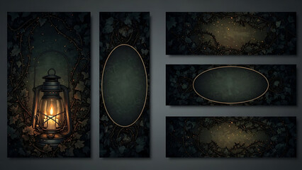 Vintage lantern and ornate frames on dark textured background
