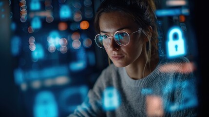 Cybersecurity Vigilance: A focused woman wearing glasses, deep in concentration, is immersed in a digital world of data security, a symbol of protection in the face of cyber threats.