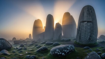 Mysterious Ancient Standing Stones Megaliths in Misty Landscape at Sunrise