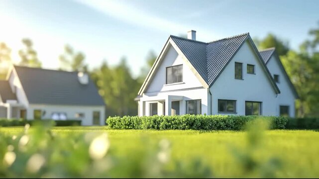 Two modern gabled houses on a sun-drenched green lawn with a blurred foreground and trees in the background