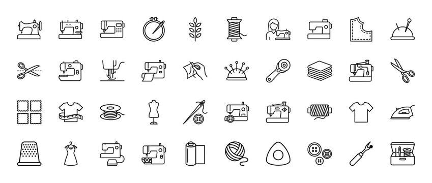 Sewing and tailoring line icon set. Vector pictograms of machine, scissors, thimble, mannequin, and thread, thin outline illustration.
