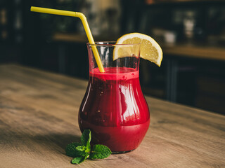 Refreshing beet juice with lemon and mint on wooden table, a vibrant and healthy drink perfect for a detox or wellness campaign