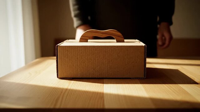 Human hands holding cardboard delivery box with wooden handle on light wooden table in natural light