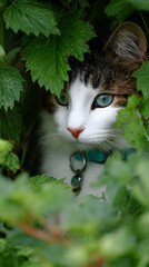 Blue-Eyed Cat Among Leaves