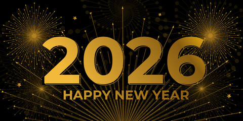 Happy New Year 2026 Celebration Luxury Shiny Fireworks Golden Black Background Illustration Design