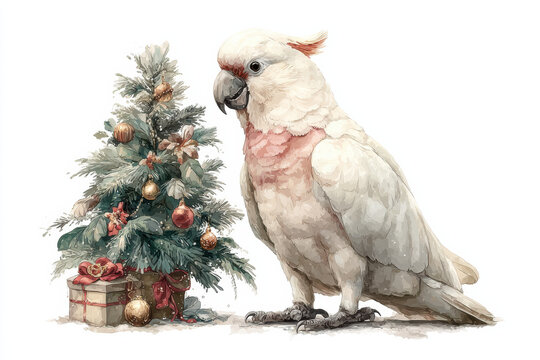 Watercolor illustration clipart of a single Santa cockatoo perched next to a mini Christmas tree with ornaments, isolate on white background 
