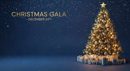 Illuminated Christmas tree adorned with ornaments and a star, surrounded by gift boxes against a blue backdrop, symbolizing holiday celebration and festive spirit