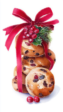 A stack of festive christmas fruitcakes or cookies tied with a red ribbon and holly, isolated on white background