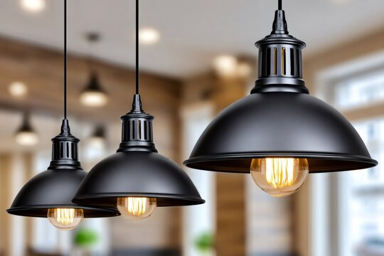 Industrial pendant lamps with edison bulbs illuminating interior - Powered by Adobe