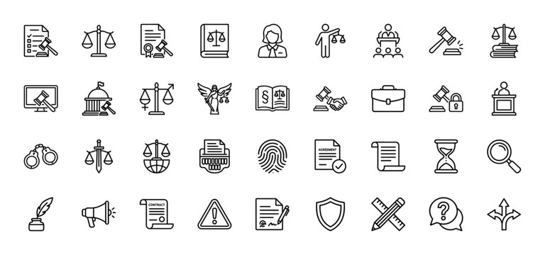 Law and justice line icon set. Vector pictograms of gavel, scale, contract, judge, and handcuffs, thin outline illustration.