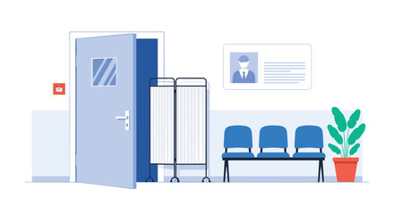Empty waiting area in a modern hospital or doctor's clinic, with an open door leading to the examination room interior.
