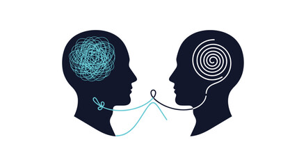 Communication concept showing a therapist untangling the chaotic thoughts of a patient, symbolizing psychotherapy and mental clarity.