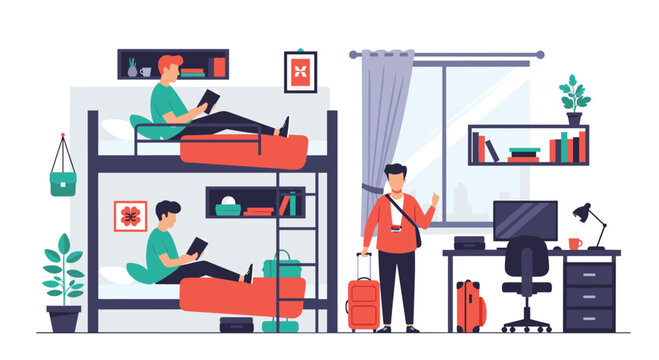 Young male traveler with a suitcase arriving at a bustling youth hostel dorm room where other guests are relaxing on bunk beds.