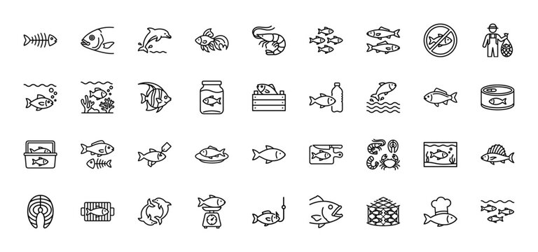 Seafood and fishing line icon set. Vector pictograms of fish, shrimp, crab, fishing rod, and canned food, thin outline illustration.
