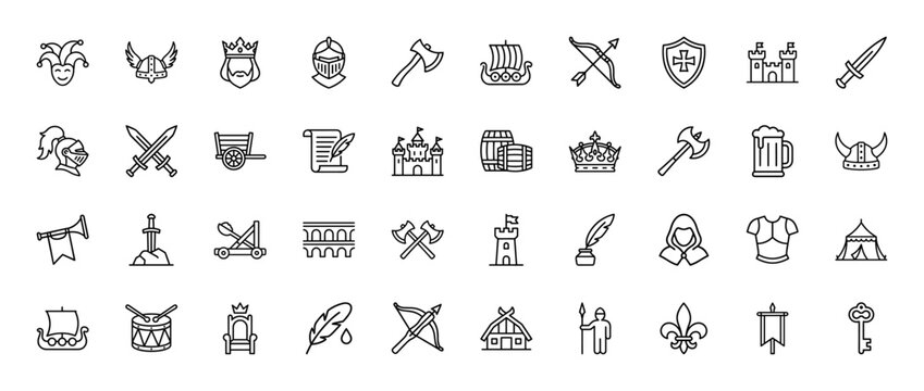 Medieval fantasy line icon set. Vector pictograms of crown, helmet, sword, castle, ax, and shield, thin outline illustration.