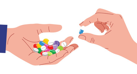 Patient taking one pill from a handful of various colorful medications offered by another person, representing a prescription or choice.