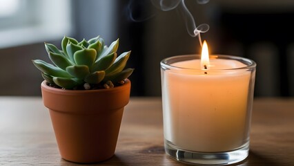 Still life of a succulent in a pot and a lit candle in a glass on a wooden surface indoors