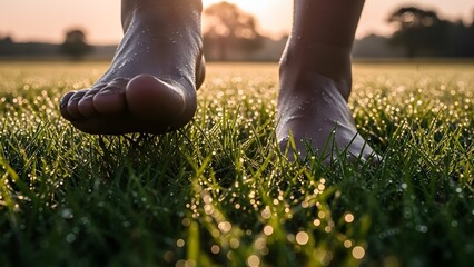 Bare feet walking on dewy grass in the morning light with a blurred background of trees and sky