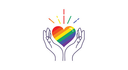 Line art illustration of two hands holding a rainbow-colored heart, a symbol of LGBTQ pride, love, and community support.