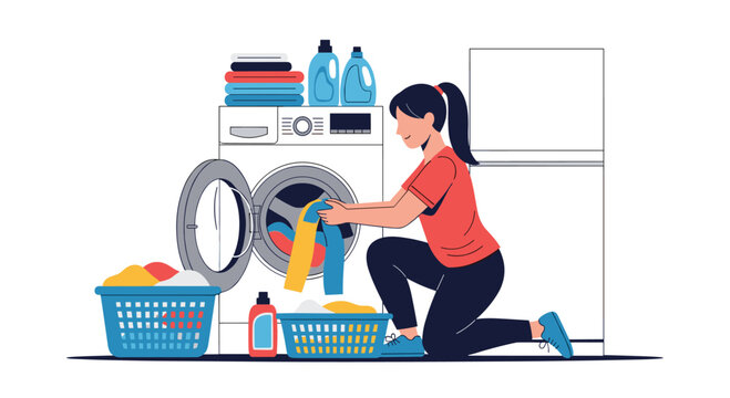 Young woman doing laundry at home, loading colorful clothes into a modern front-loading washing machine in a utility room.