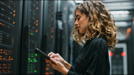 Tech Specialist at Work: A tech specialist, immersed in the digital realm, meticulously monitors and manages intricate computer servers in a modern data center. Her focus is reflected on her face - Powered by Adobe