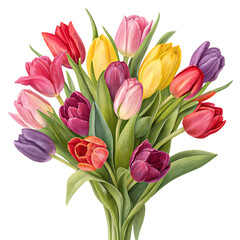 Fototapeta premium A vibrant bouquet of colorful tulips with green leaves against a black background illustration