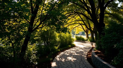 Fototapeta premium Sunlit path through a park with trees casting shadows on the stone walkway and lush greenery abounding