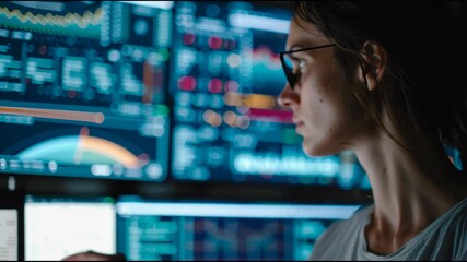 Focused Analysis: A determined analyst engrossed in intricate data visualizations, the glow of multiple screens illuminating their concentration in the digital realm. 