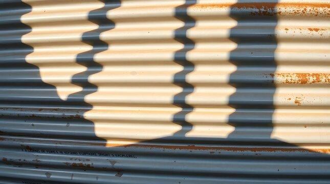 Corrugated metal with rust and shadow creating a pattern of light and dark on the surface texture