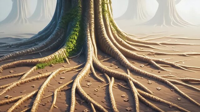 Close-up loop of forest tree roots crawling through soil, subtle camera pan, organic textures, negative space included for graphic overlays or text.