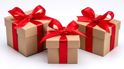 Obraz premium Three craft gift boxes with red ribbon bows