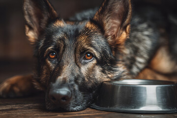German Shepherd with Metal Bowl