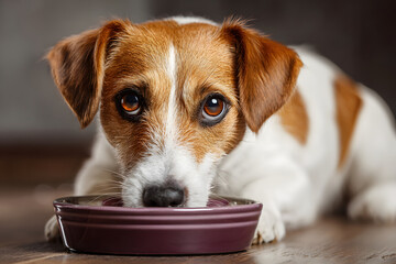 Jack Russell Drinking from a Purple Bowl