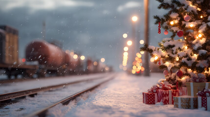 Christmas tree branches with gifts on snowy railway yard, tracks and cargo trains in background. Blending train cargo and logistics industry with Christmas celebration.