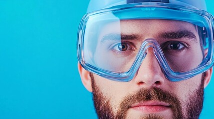 Man wearing protective goggles and helmet in front of a blue background with copy space during a scientific experiment