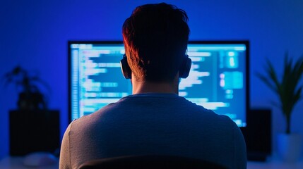 young man coding while wearing headphones in a dimly lit room with blue lighting, information security concept