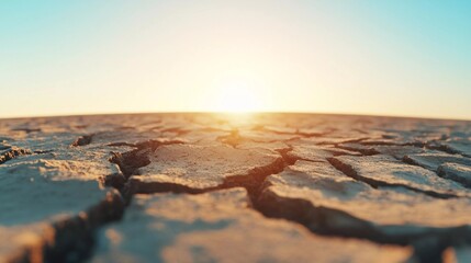 Cracked dry earth soil with a blurred horizon, representing the harsh conditions of extreme heat and drought, global warming and extreme weather