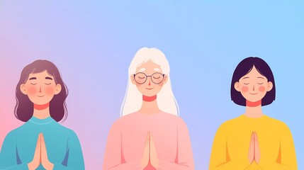 a group of women different ages and backgrounds doing yoga and meditation wellness activities, physical and mental health