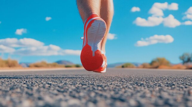 Runner's foot hitting the pavement on an open road, low-angle action shot with bright blue sky, cardio exercise and fitness, physical health