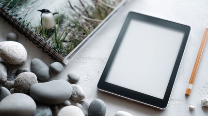 Digital relaxation and nature journaling with tablet and pebbles,Penguin Awareness Day