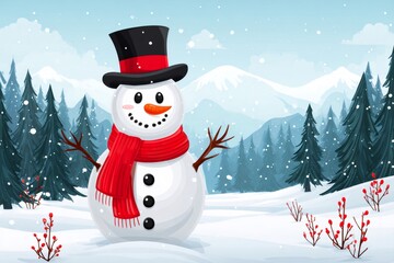 Fototapeta premium Snowman standing in snowy winter forest landscape