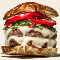 Juicy Hamburger with Melted Cheese and Fresh Vegetables
