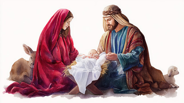 Mary and joseph adoring baby jesus in a humble stable, surrounded by animals, isolated on white background