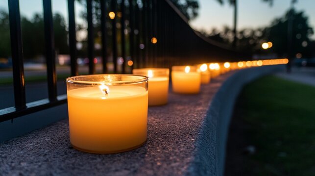 A shot of lit candles in a dark setting outside representing a community grieving and remembering victims of gun violence