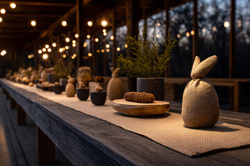 holiday toy exhibition, handcrafted toys showcased with rustic materials, cozy lighting, evoking winter atmosphere